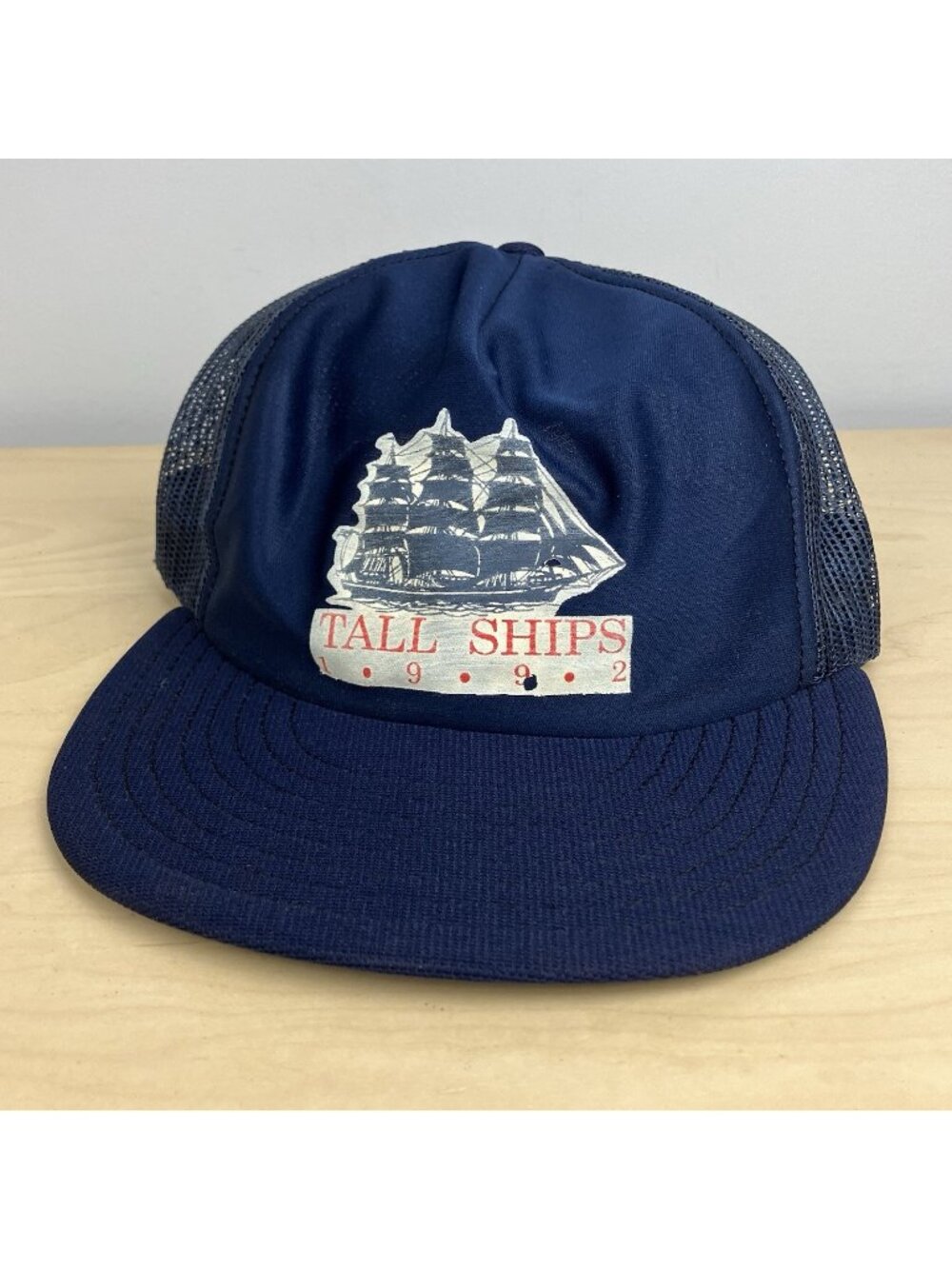 Vintage Tall Ships 1992 Mesh Snapback Trucker Hat Navy Blue Sailboat Logo